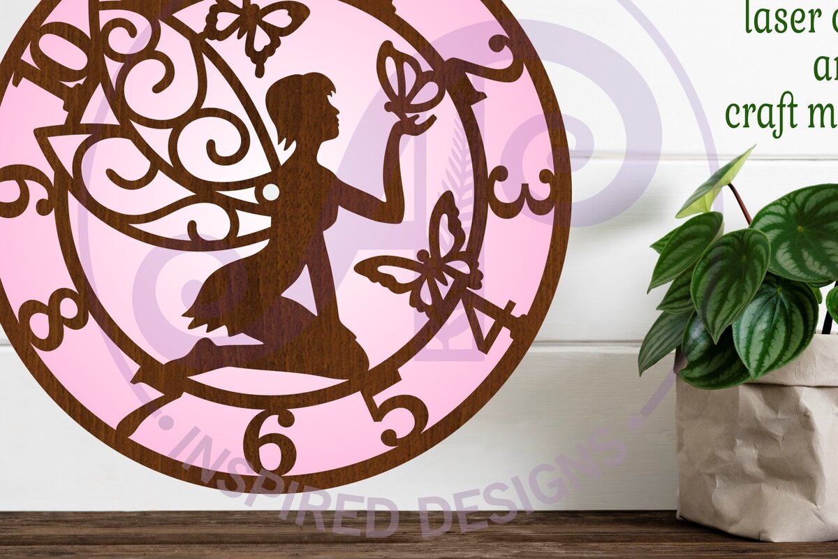 Intra απο ξύλο plywood  Χρώμα wenge 3mm-4mm πάχος - Ρολόι τοίχου Laser Fairy and Butterflies Δίασταση 30x20 cm INTRAFABR-93697317