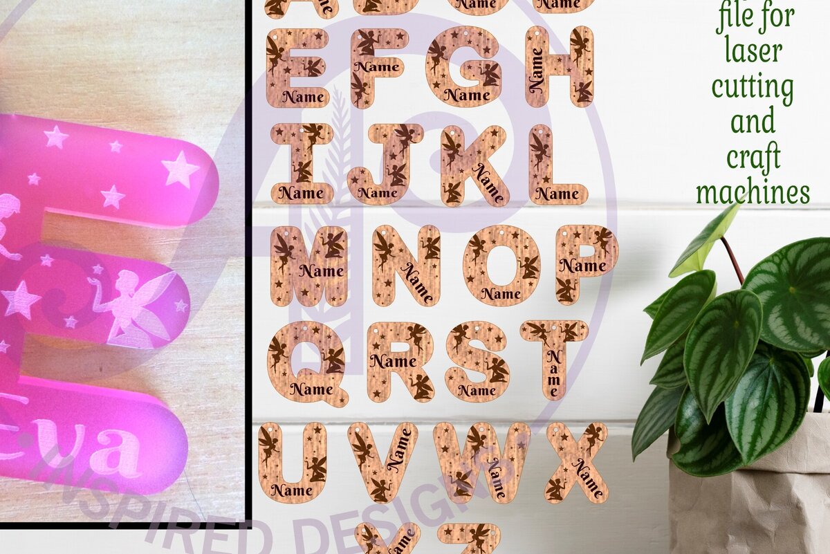 Intra απο ξύλο plywood  Χρώμα wenge 3mm-4mm πάχος - Μπρελόκ με θέμα τη νεράιδα Σχέδια επιστολών Δίασταση 4x4 cm INTRAFABR-74743592