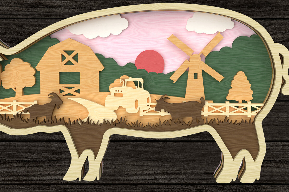 Intra απο ξύλο plywood  Χρώμα wenge 3mm-4mm πάχος - Farm Scene Pig Layered Δίασταση 30x20 cm INTRAFABR-23750445