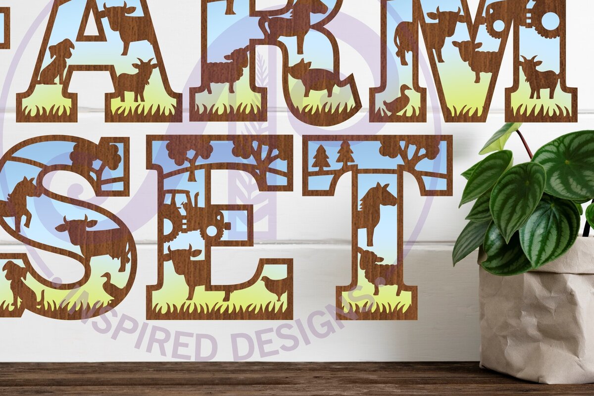 Intra απο ξύλο plywood  Χρώμα wenge 3mm-4mm πάχος - Σετ αλφαβήτου με θέμα το αγρόκτημα. 2 Επίπεδο 59 Δίασταση 30x20 cm INTRAFABR-23652478