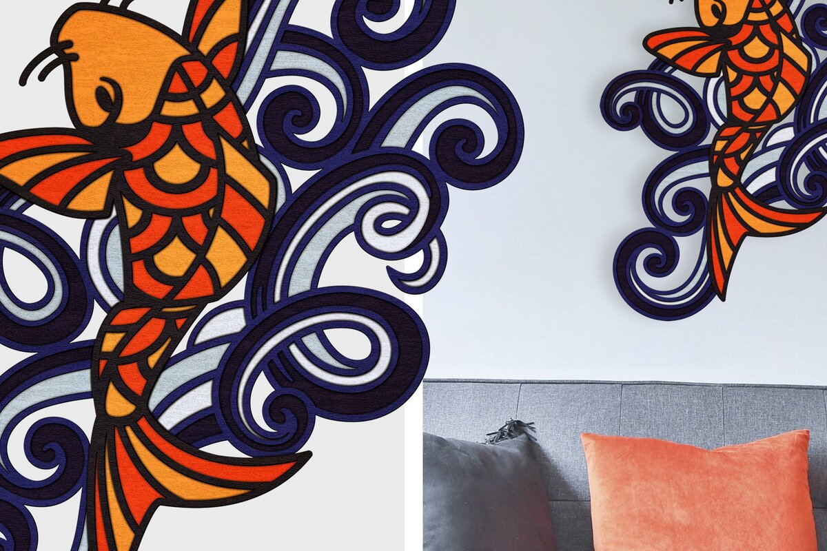 Intra απο ξύλο plywood  Χρώμα wenge 3mm-4mm πάχος - Fish and Swirly Waves Πολυεπίπεδη τέχνη Δίασταση 6x6 cm INTRAFABR-26534907