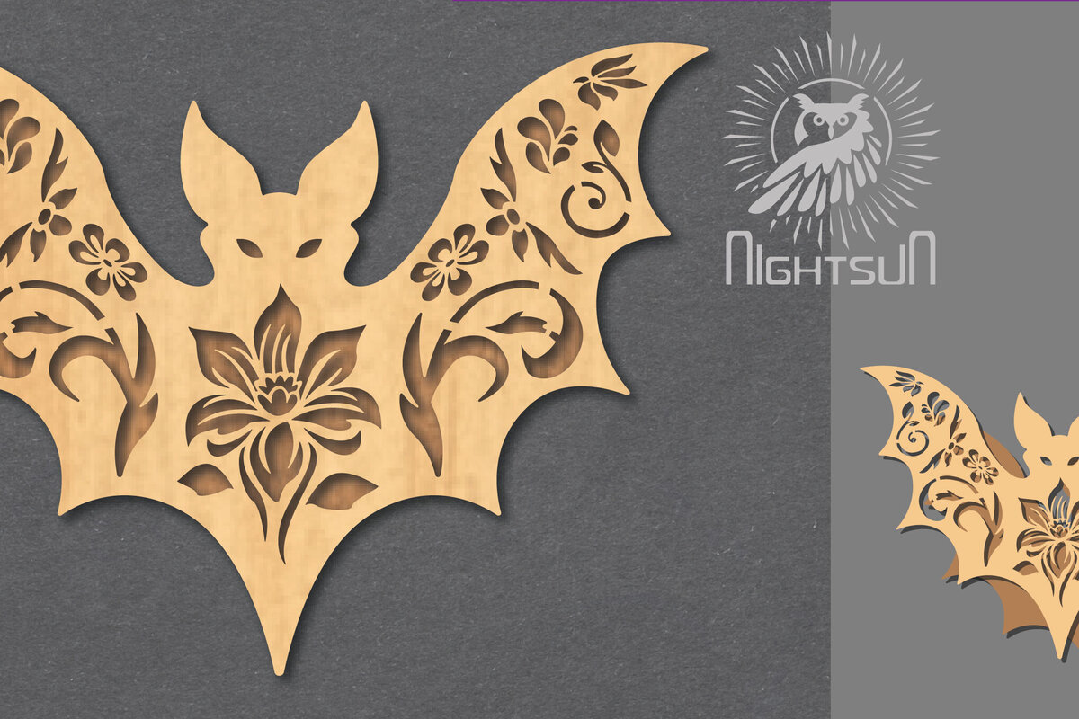 Intra απο ξύλο plywood  Χρώμα wenge 3mm-4mm πάχος - Διακόσμηση με λουλουδάτο κομμένο λέιζερ νυχτερίδα 1 Δίασταση 20x20 cm INTRAFABR-102420046