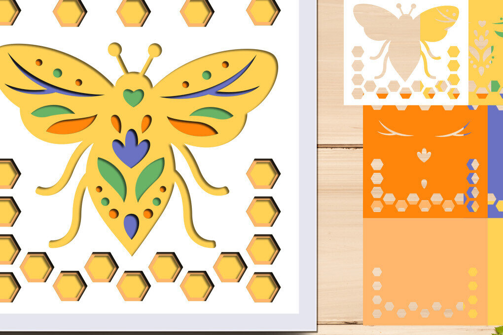 Intra απο ξύλο plywood  Χρώμα wenge 3mm-4mm πάχος - Floral Bee Shadow Box, 3d Layered Δίασταση 8x8 cm INTRAFABR-68367667