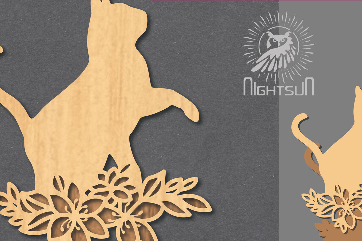 Intra απο ξύλο plywood  Χρώμα wenge 3mm-4mm πάχος - Floral Cat Διακόσμηση 1 Δίασταση 20x20 cm INTRAFABR-119258287