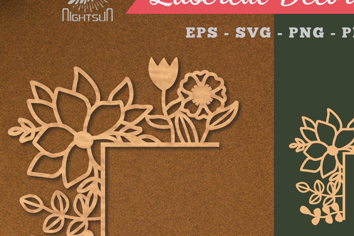 Intra απο ξύλο plywood  Χρώμα wenge 3mm-4mm πάχος - Floral γωνιακή διακόσμηση κοπής με λέιζερ 1 Δίασταση 20x20 cm INTRAFABR-59926035