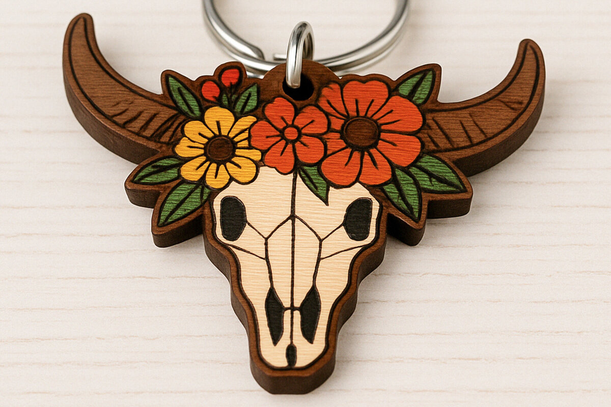 Intra απο ξύλο plywood  Χρώμα wenge 3mm-4mm πάχος - Μπρελόκ με λουλουδάτο κρανίο αγελάδας Δίασταση 4x4 cm INTRAFABR-122268711