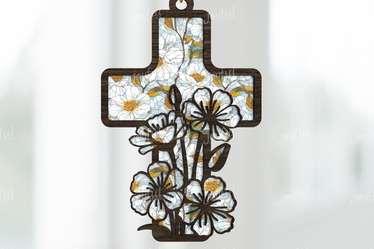 Intra απο ξύλο plywood  Χρώμα wenge 3mm-4mm πάχος - Floral Cross Suncatcher Δίασταση 30x20 cm INTRAFABR-102168112
