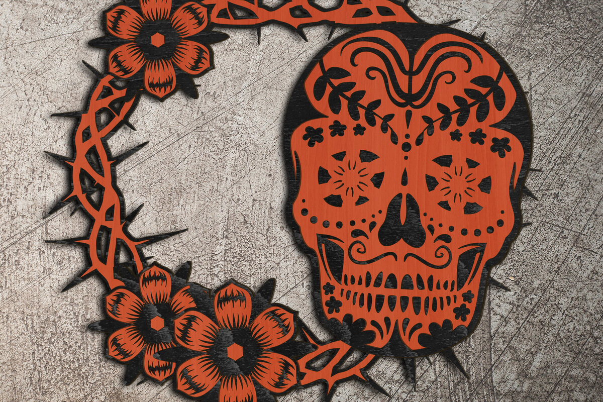 Intra απο ξύλο plywood  Χρώμα wenge 3mm-4mm πάχος - Floral κρεμάστρα κρανίου για το Halloween Δίασταση 12x12 cm INTRAFABR-119881400