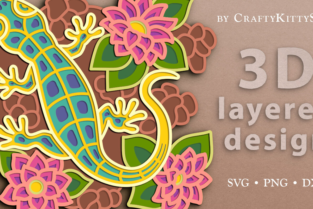 Intra απο ξύλο plywood  Χρώμα wenge 3mm-4mm πάχος - Floral Lizard 3D Layered Cut Δίασταση 30x20 cm INTRAFABR-97571138