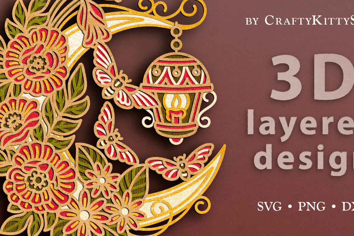 Intra απο ξύλο plywood  Χρώμα wenge 3mm-4mm πάχος - αποκοπής με 3D Layered Floral Moon Δίασταση 30x20 cm INTRAFABR-75220603