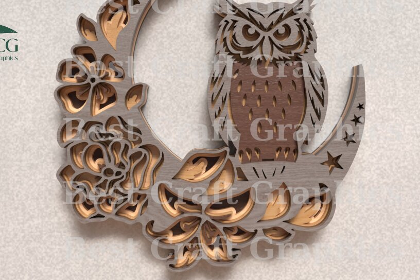 Intra απο ξύλο plywood  Χρώμα wenge 3mm-4mm πάχος - λέιζερ Floral Owl Moon Δίασταση 20x20 cm INTRAFABR-120390017