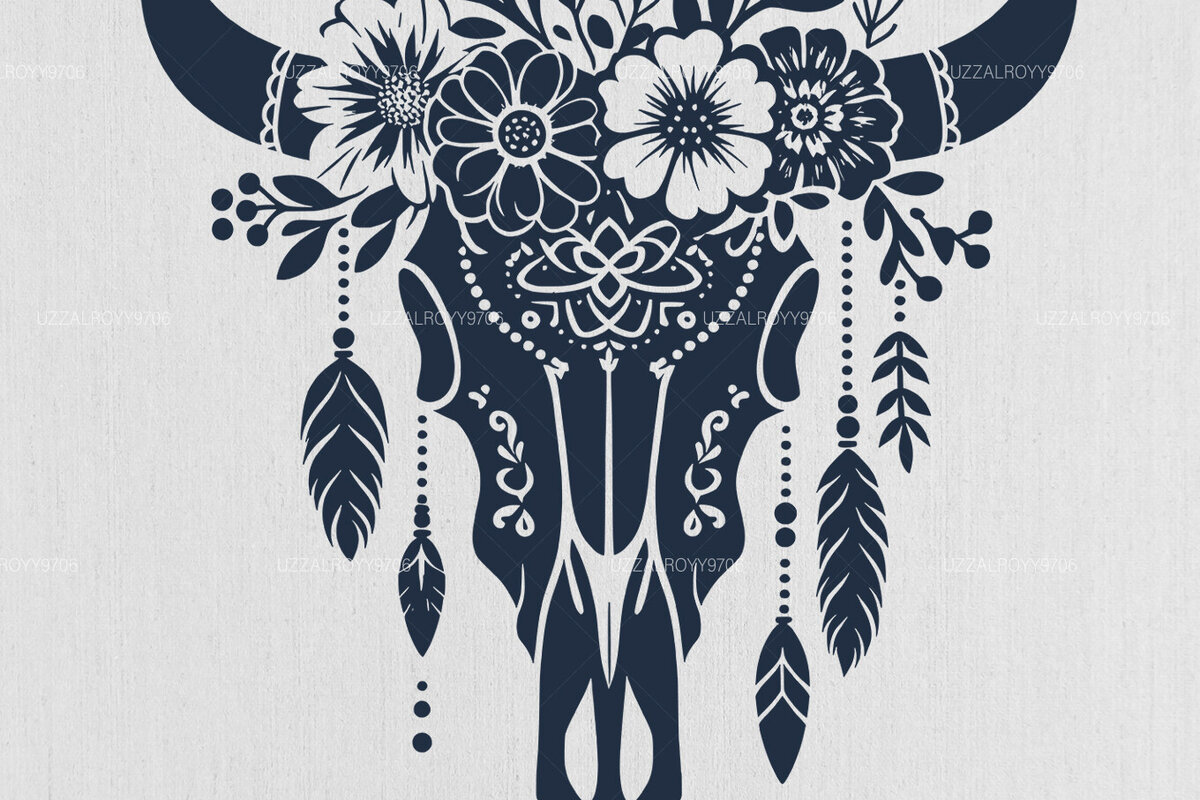 Intra απο ξύλο plywood  Χρώμα wenge 3mm-4mm πάχος - Floral Western Cow Skull Flowers Δίασταση 4x4 cm INTRAFABR-70939044