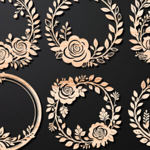 Intra απο ξύλο plywood  Χρώμα wenge 3mm-4mm πάχος - Πακέτο κοπής λέιζερ Floral στεφάνι 12 Δίασταση 20x20 cm INTRAFABR-119037592