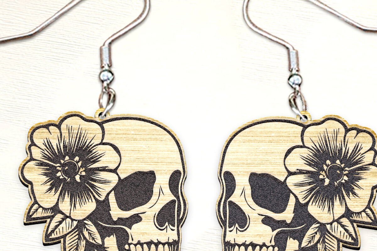 Intra απο ξύλο plywood  Χρώμα wenge 3mm-4mm πάχος - Σκουλαρίκια Flower Scull . Δίασταση 3x3 cm INTRAFABR-40250970