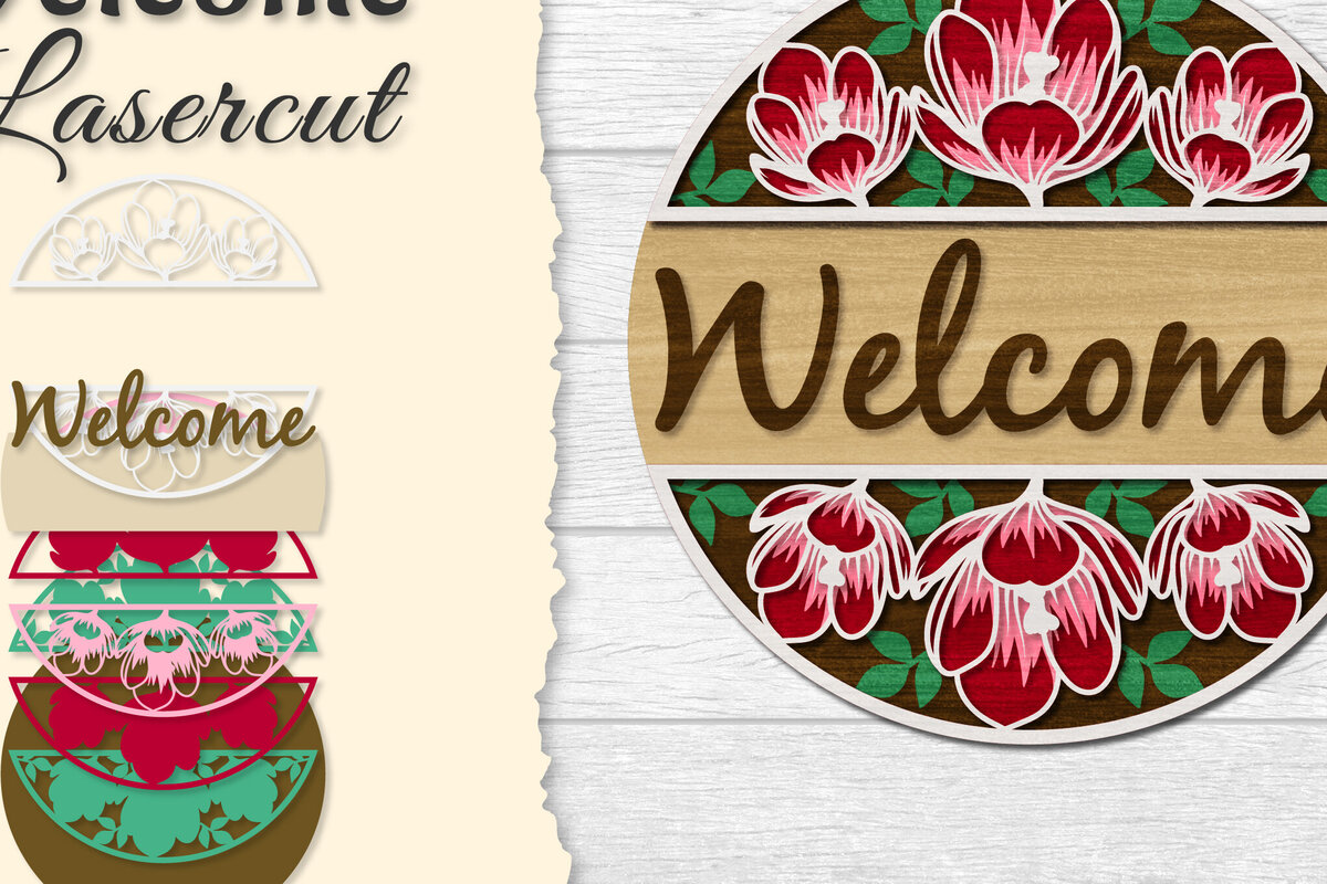 Intra απο ξύλο plywood  Χρώμα wenge 3mm-4mm πάχος - Flower Welcome Lasercut Δίασταση 20x20 cm INTRAFABR-118196530