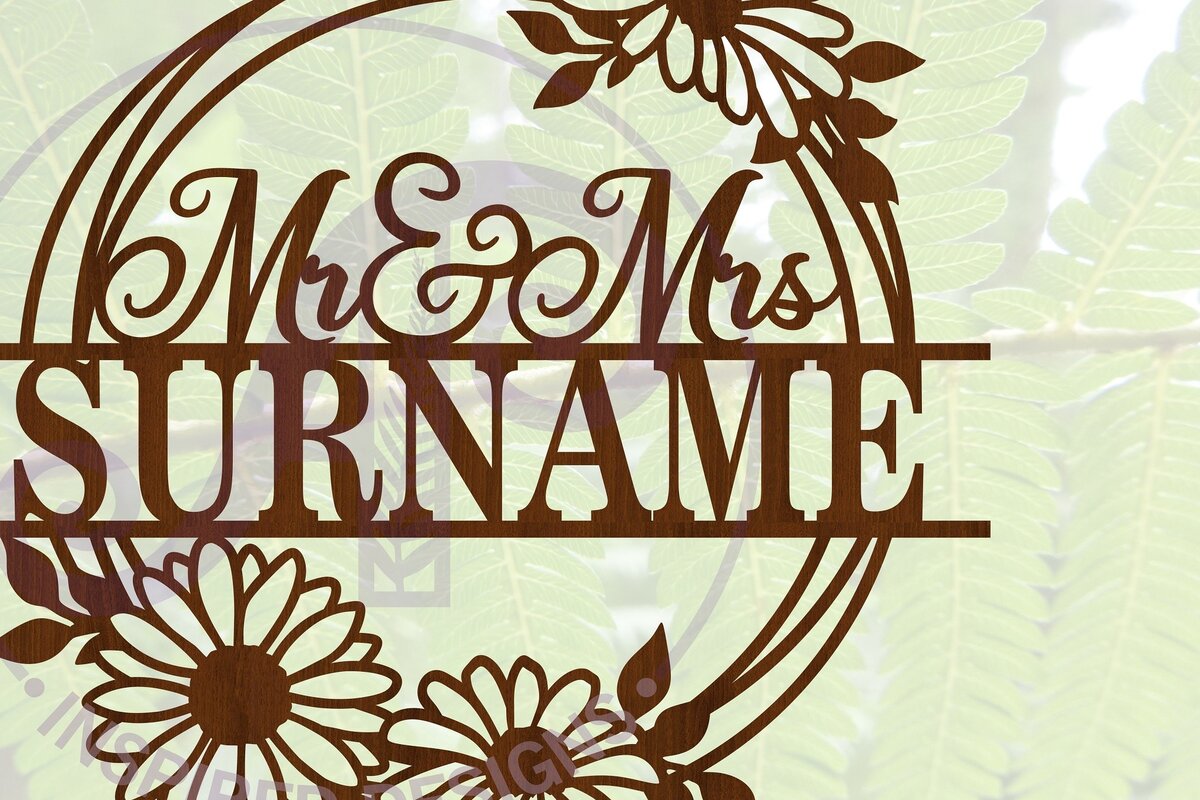 Intra απο ξύλο plywood  Χρώμα wenge 3mm-4mm πάχος - Στεφάνι λουλουδιών Ονοματεπώνυμο κυρίου και κυρίας Δίασταση 30x20 cm INTRAFABR-113996328