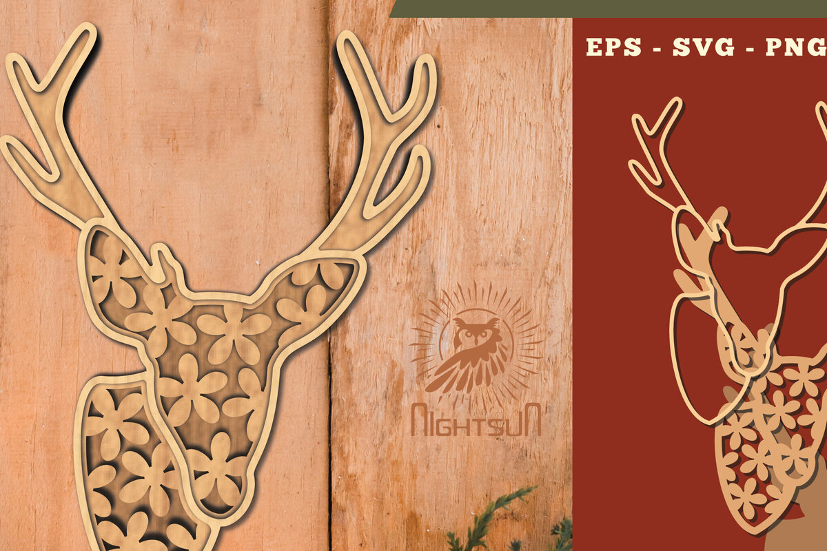 Intra απο ξύλο plywood  Χρώμα wenge 3mm-4mm πάχος - Flowers Deer 3D Lasercut Decoration Δίασταση 20x20 cm INTRAFABR-120494403