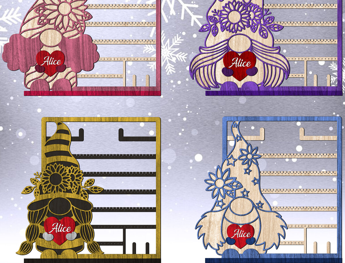 Intra απο ξύλο plywood  Χρώμα wenge 3mm-4mm πάχος - Στάση σκουλαρικιών Flowers Gnomes Δίασταση 20x20 cm INTRAFABR-120535977