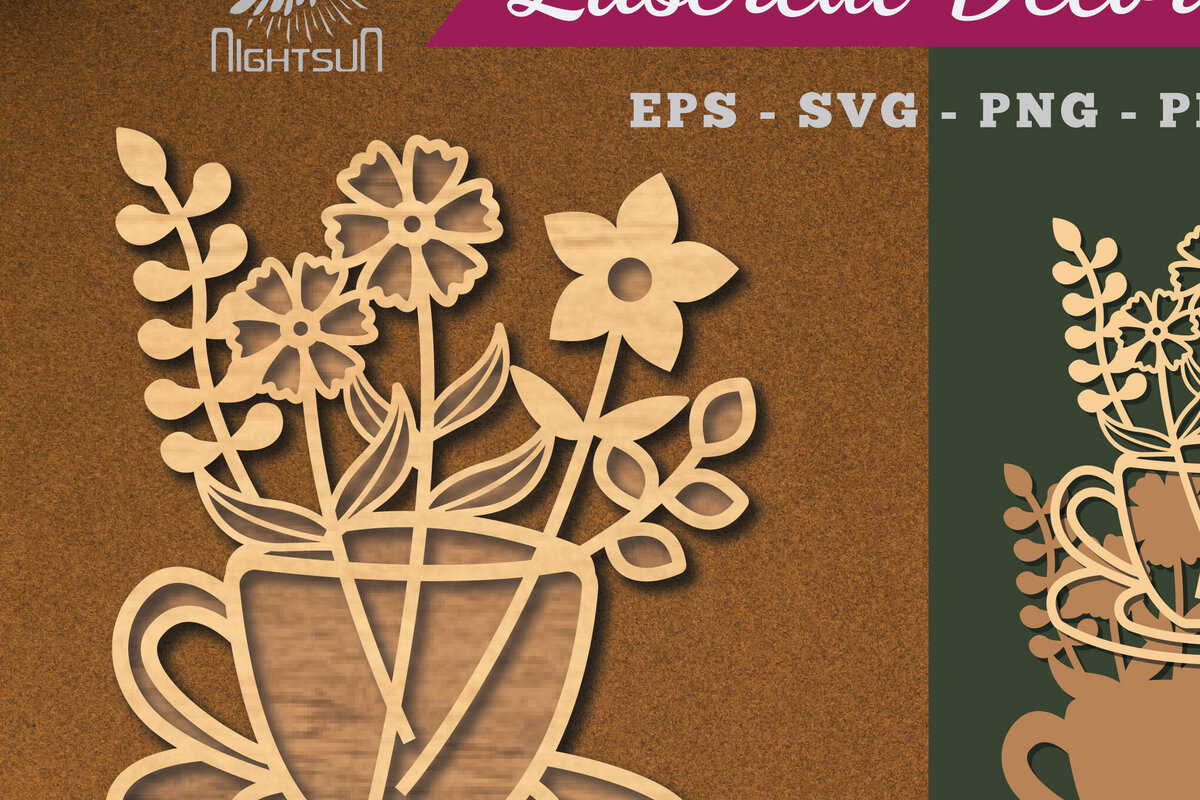 Intra απο ξύλο plywood  Χρώμα wenge 3mm-4mm πάχος - Λουλούδια σε Κύπελλο Διακόσμηση κομμένη με λέιζερ 1 Δίασταση 20x20 cm INTRAFABR-112447981