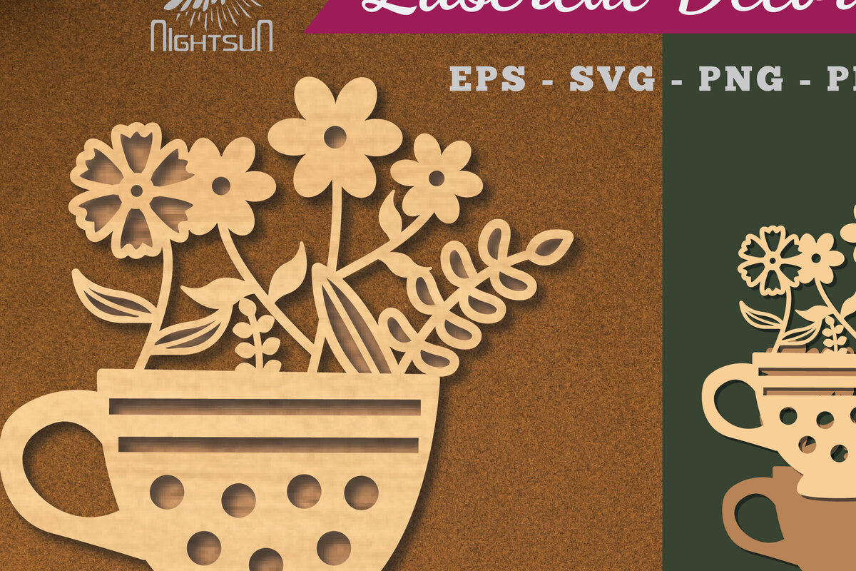 Intra απο ξύλο plywood  Χρώμα wenge 3mm-4mm πάχος - Λουλούδια σε Κύπελλο Διακόσμηση με 2 Δίασταση 20x20 cm INTRAFABR-109933522