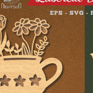 Intra απο ξύλο plywood  Χρώμα wenge 3mm-4mm πάχος - Λουλούδια σε διακόσμηση τσαγιέρας κομμένη με λέιζερ 2 Δίασταση 20x20 cm INTRAFABR-109933609