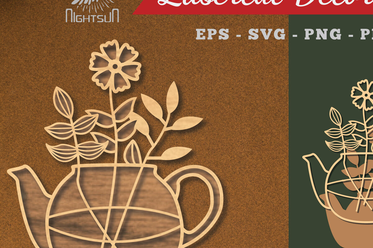 Intra απο ξύλο plywood  Χρώμα wenge 3mm-4mm πάχος - Λουλούδια σε διακόσμηση τσαγιέρας κομμένη με λέιζερ 4 Δίασταση 20x20 cm INTRAFABR-109933622