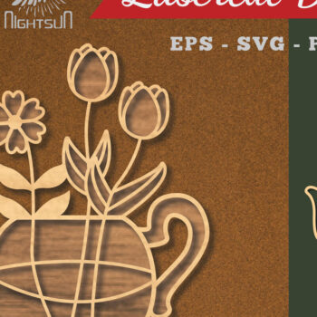 Intra απο ξύλο plywood Χρώμα wenge 3mm-4mm πάχος - Λουλούδια σε διακόσμηση τσαγιέρας κομμένη με λέιζερ 5 Δίασταση 20x20 cm INTRAFABR-109933488 - Image 1