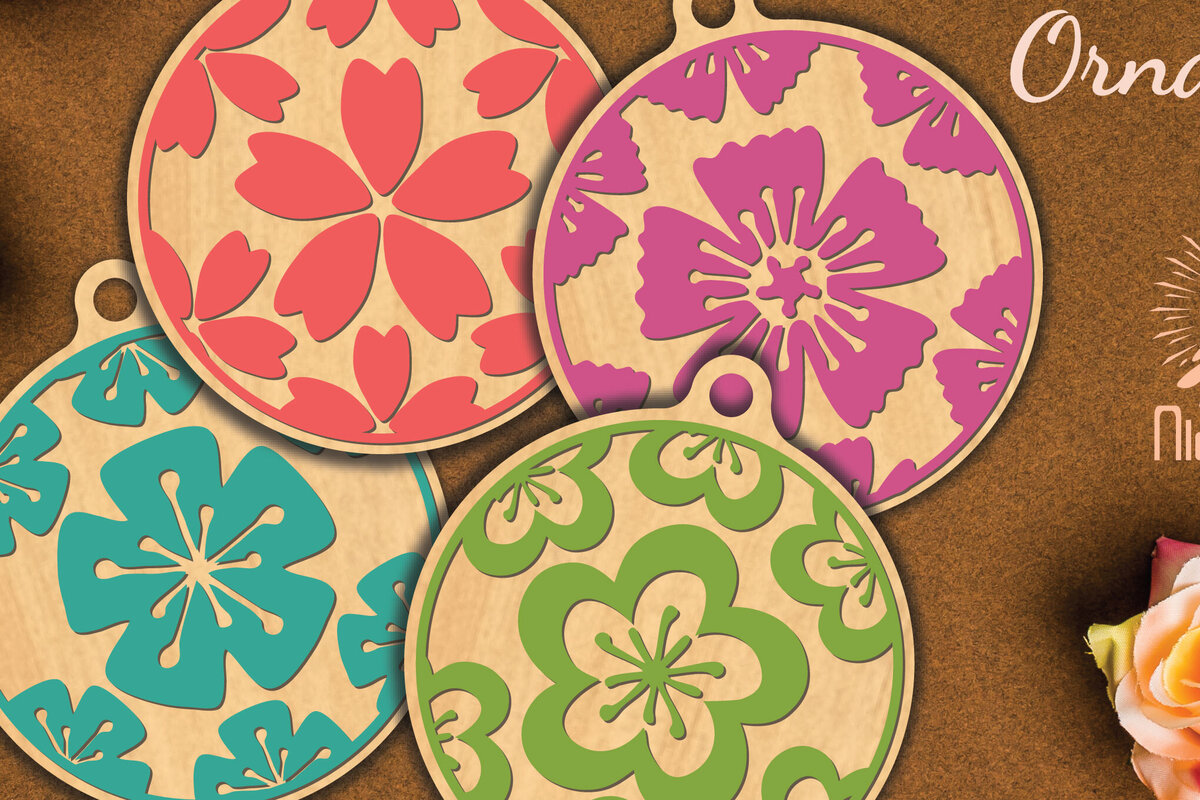 Intra απο ξύλο plywood  Χρώμα wenge 3mm-4mm πάχος - Στρογγυλό στολίδι με λουλούδια 5 Δίασταση 6x6 cm INTRAFABR-103476994