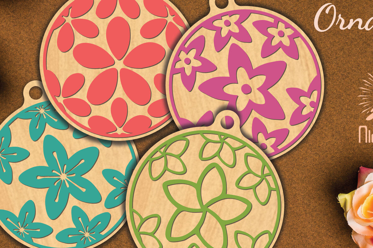 Intra απο ξύλο plywood  Χρώμα wenge 3mm-4mm πάχος - Στρογγυλό στολίδι με λουλούδια 6 Δίασταση 6x6 cm INTRAFABR-112401755