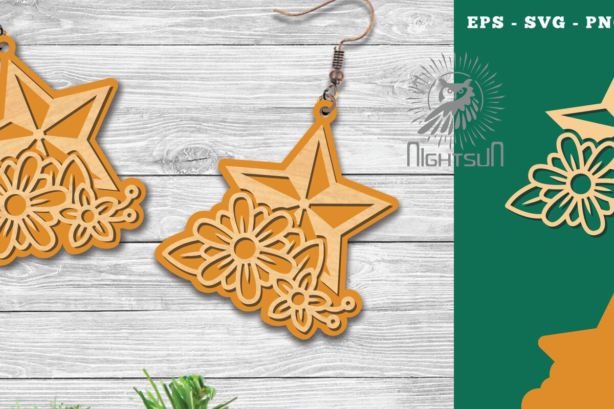 Intra απο ξύλο plywood  Χρώμα wenge 3mm-4mm πάχος - Σκουλαρίκια κομμένα με λέιζερ Flowers Star Δίασταση 3x3 cm INTRAFABR-123180430