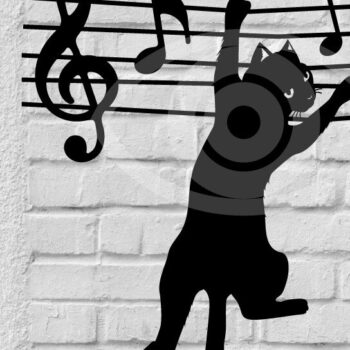 Intra απο ξύλο plywood  Χρώμα wenge 3mm-4mm πάχος - Αστεία γάτα που πηδά στη νότα Μουσική τέχνη τοίχου Δίασταση 40x50 cm INTRAFABR-31746752 - Image 1