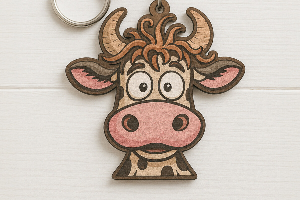 Intra απο ξύλο plywood  Χρώμα wenge 3mm-4mm πάχος - Αστεία μπρελόκ με κεφαλή αγελάδας Δίασταση 4x4 cm INTRAFABR-107365393