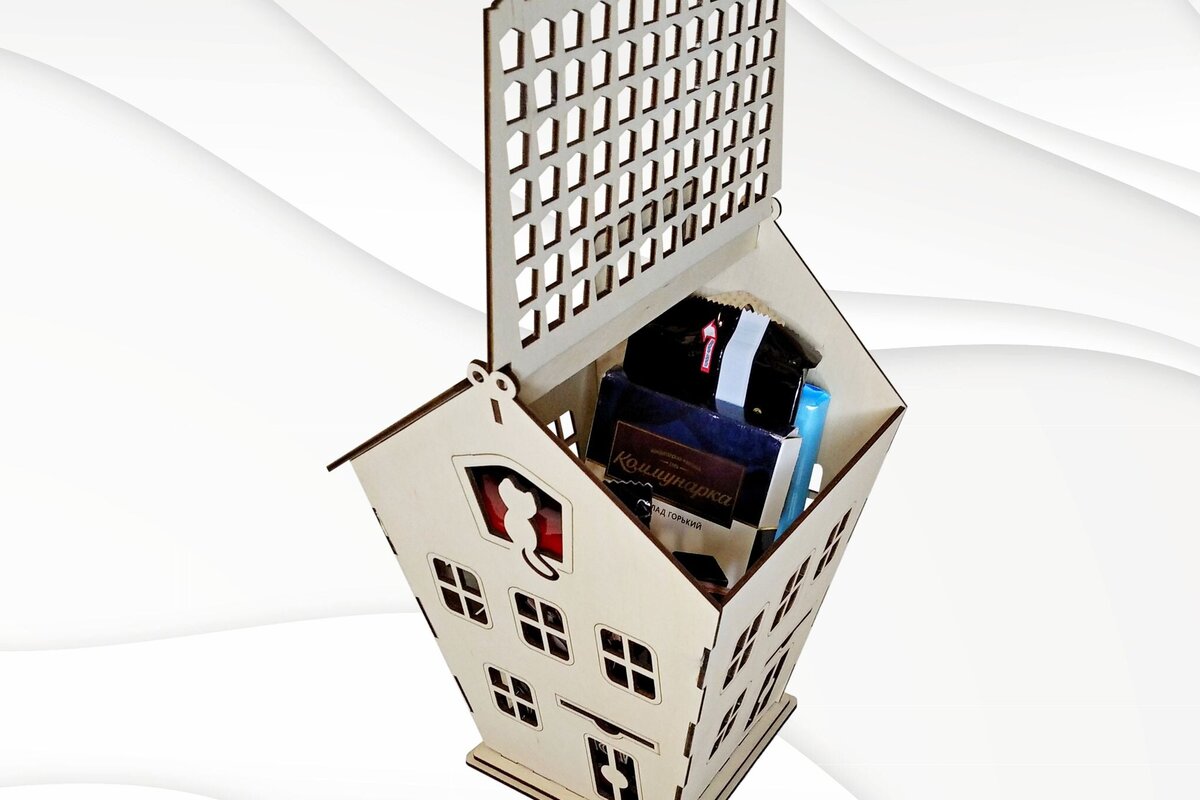 Intra απο ξύλο plywood  Χρώμα wenge 3mm-4mm πάχος - Κουτί δώρου Σπίτι με γάτα, κοπής με λέιζερ Δίασταση 285x193 cm INTRAFABR-121722354