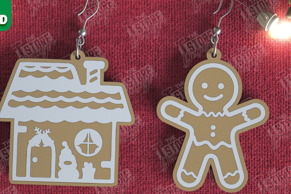 Intra απο ξύλο plywood  Χρώμα wenge 3mm-4mm πάχος - Gingerbread House Earrings |Κόσμημα| CNC Δίασταση 3x3 cm INTRAFABR-74744173