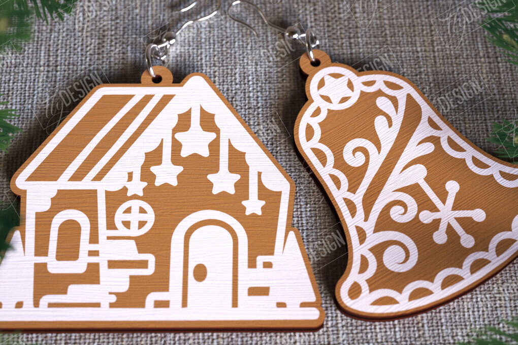 Intra απο ξύλο plywood  Χρώμα wenge 3mm-4mm πάχος - Gingerbread House Earrings | Κοσμήματα|CNC Δίασταση 3x3 cm INTRAFABR-105821118