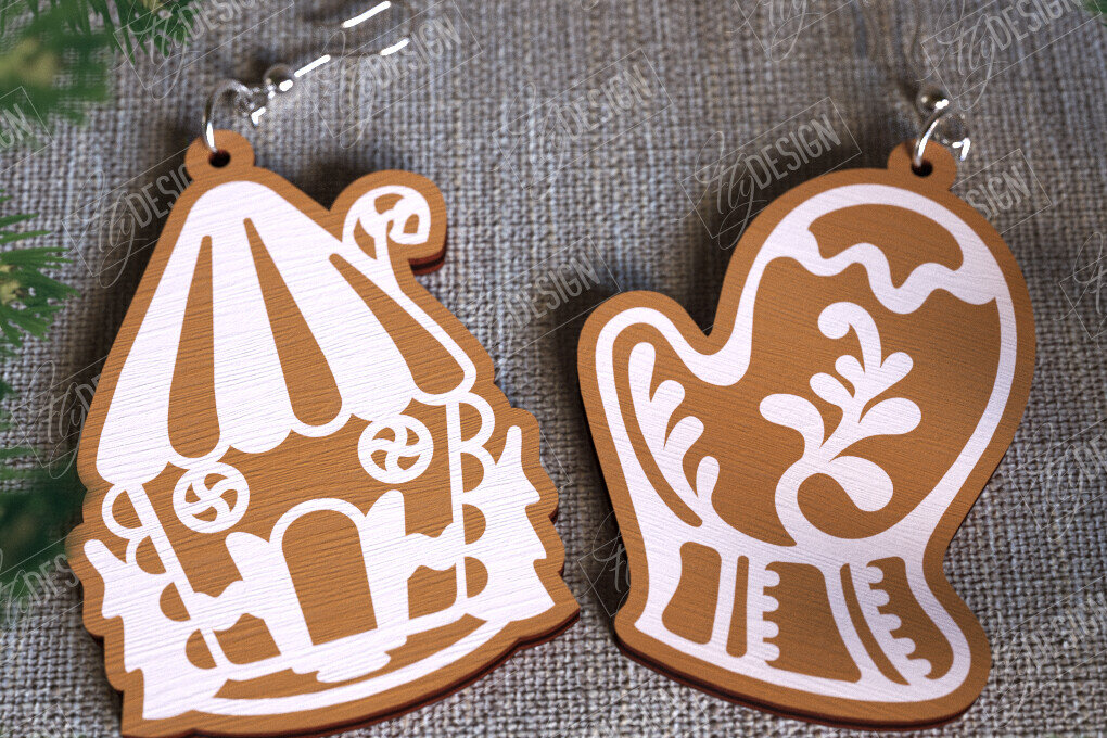 Intra απο ξύλο plywood  Χρώμα wenge 3mm-4mm πάχος - Gingerbread House Earrings | Κοσμήματα|CNC Δίασταση 3x3 cm INTRAFABR-120378699