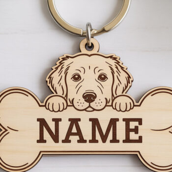 Intra απο ξύλο plywood Χρώμα wenge 3mm-4mm πάχος - Μπρελόκ με ετικέτα Golden Retriever Δίασταση 4x4 cm INTRAFABR-92484983 - Image 1