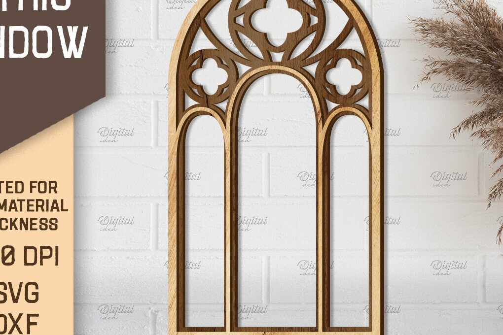 Intra απο ξύλο plywood  Χρώμα wenge 3mm-4mm πάχος - Γοτθικό Παράθυρο . Τοξωτό πλαίσιο παραθύρου Δίασταση 20x25 cm INTRAFABR-95710659