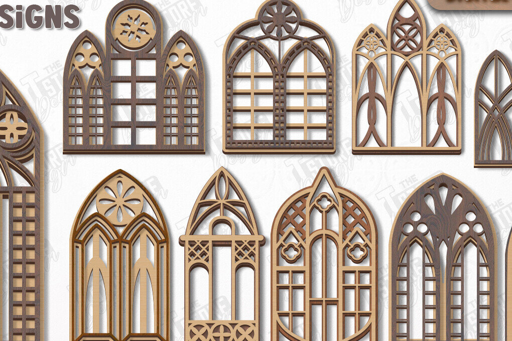 Intra απο ξύλο plywood  Χρώμα wenge 3mm-4mm πάχος - Πακέτο γοτθικών παραθύρων | Γοτθικό Στυλ|CNC Δίασταση 20x25 cm INTRAFABR-95710957