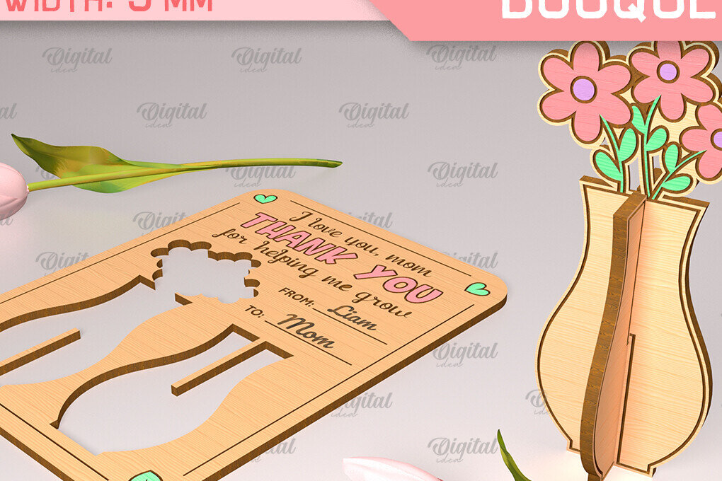 Intra απο ξύλο plywood  Χρώμα wenge 3mm-4mm πάχος - Ευχετήρια κάρτα λέιζερ. Μπουκέτο λουλουδιών Δίασταση 10x15 cm INTRAFABR-125136123