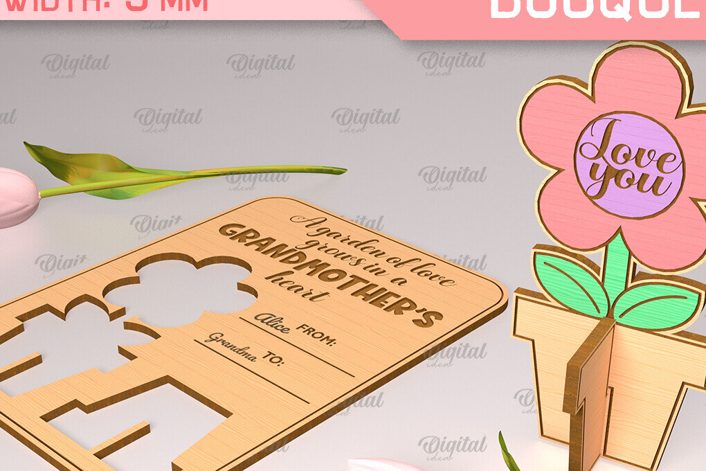 Intra απο ξύλο plywood  Χρώμα wenge 3mm-4mm πάχος - Ευχετήρια κάρτα λέιζερ. Μπουκέτο λουλουδιών Δίασταση 10x15 cm INTRAFABR-112322788