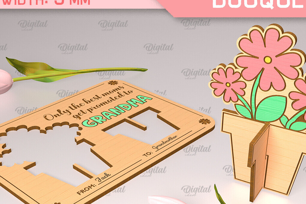 Intra απο ξύλο plywood  Χρώμα wenge 3mm-4mm πάχος - Ευχετήρια κάρτα λέιζερ. Μπουκέτο λουλουδιών Δίασταση 10x15 cm INTRAFABR-112322256