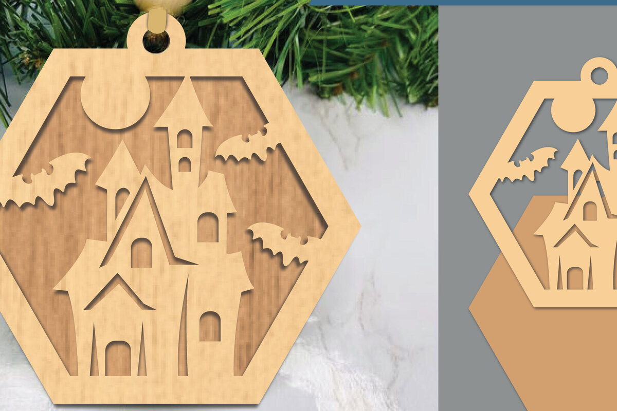 Intra απο ξύλο plywood  Χρώμα wenge 3mm-4mm πάχος - Στολίδι με λέιζερ αποκριάτικο κάστρο Δίασταση 6x6 cm INTRAFABR-15081441