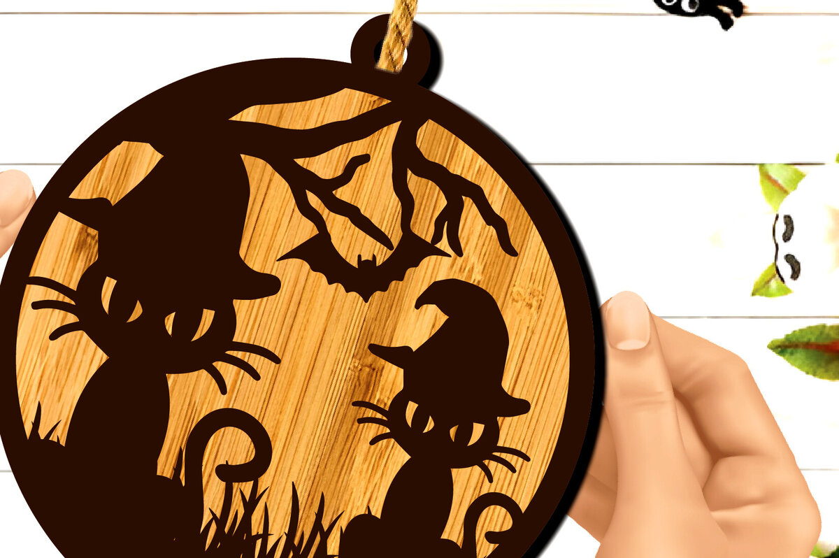 Intra απο ξύλο plywood  Χρώμα wenge 3mm-4mm πάχος - Κρεμαστό σημάδι γάτας αποκριών Δίασταση 15x15 cm INTRAFABR-17664485