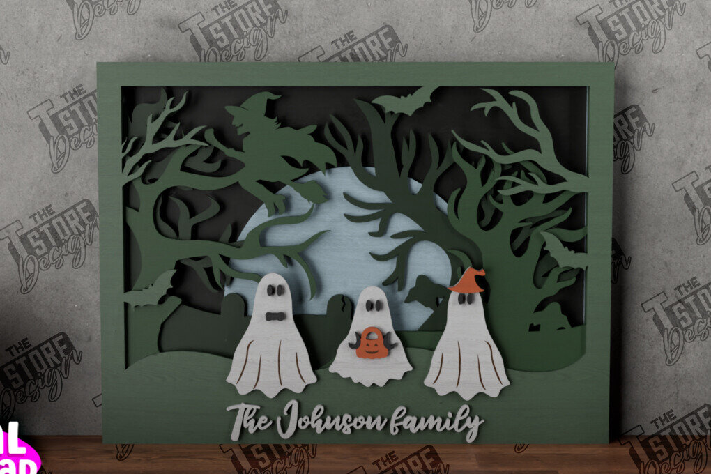 Intra απο ξύλο plywood  Χρώμα wenge 3mm-4mm πάχος - Halloween Family Sign|3D Halloween Scene Δίασταση 15x15 cm INTRAFABR-98902771