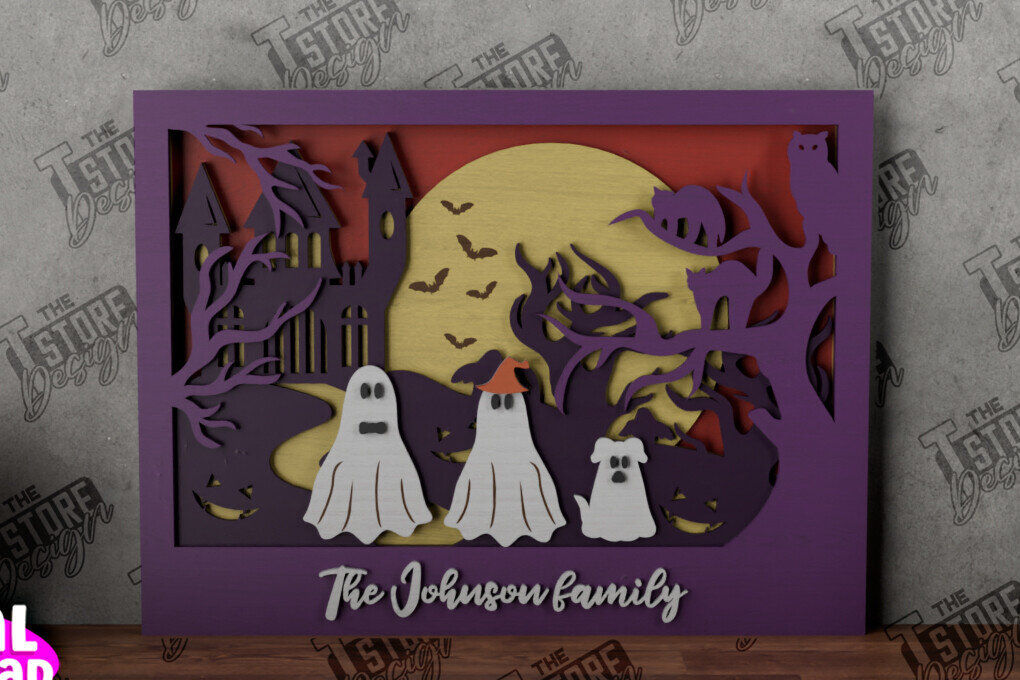 Intra απο ξύλο plywood  Χρώμα wenge 3mm-4mm πάχος - Halloween Family Sign|3D Halloween Scene Δίασταση 15x15 cm INTRAFABR-98902777