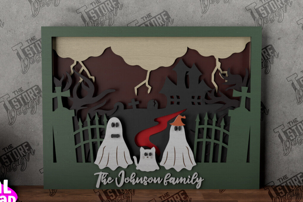 Intra απο ξύλο plywood  Χρώμα wenge 3mm-4mm πάχος - Halloween Family Sign|3D Halloween Scene Δίασταση 15x15 cm INTRAFABR-98902791