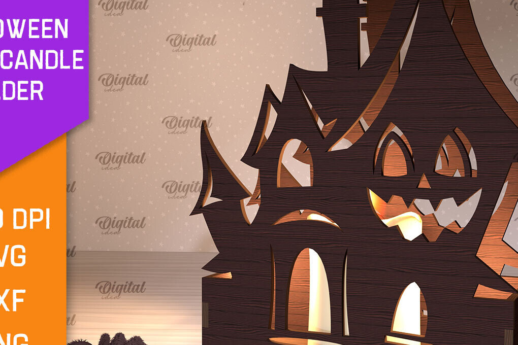 Intra απο ξύλο plywood  Χρώμα wenge 3mm-4mm πάχος - Κηροπήγιο Halloween House Δίασταση 15x15 cm INTRAFABR-91130860