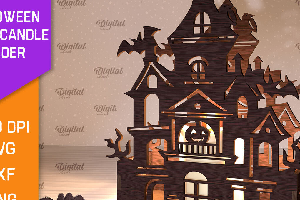 Intra απο ξύλο plywood  Χρώμα wenge 3mm-4mm πάχος - Κηροπήγιο Halloween House Δίασταση 15x15 cm INTRAFABR-91217017