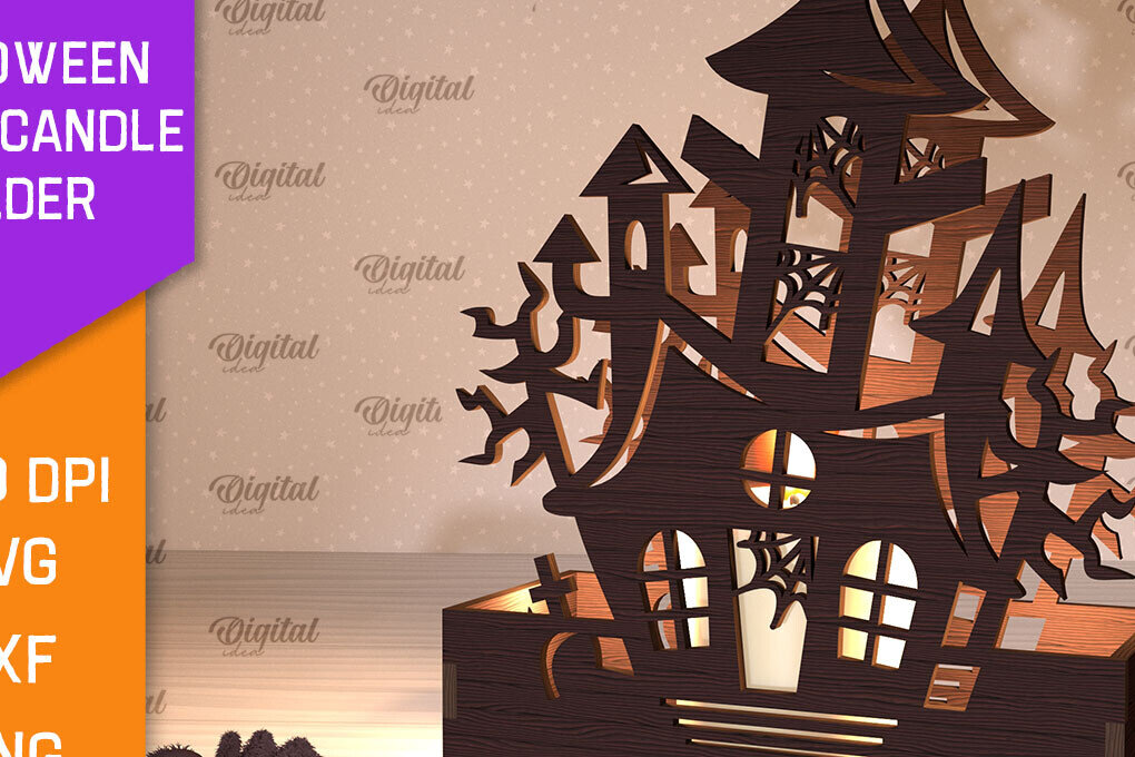 Intra απο ξύλο plywood  Χρώμα wenge 3mm-4mm πάχος - Κηροπήγιο Halloween House Δίασταση 15x15 cm INTRAFABR-91217659